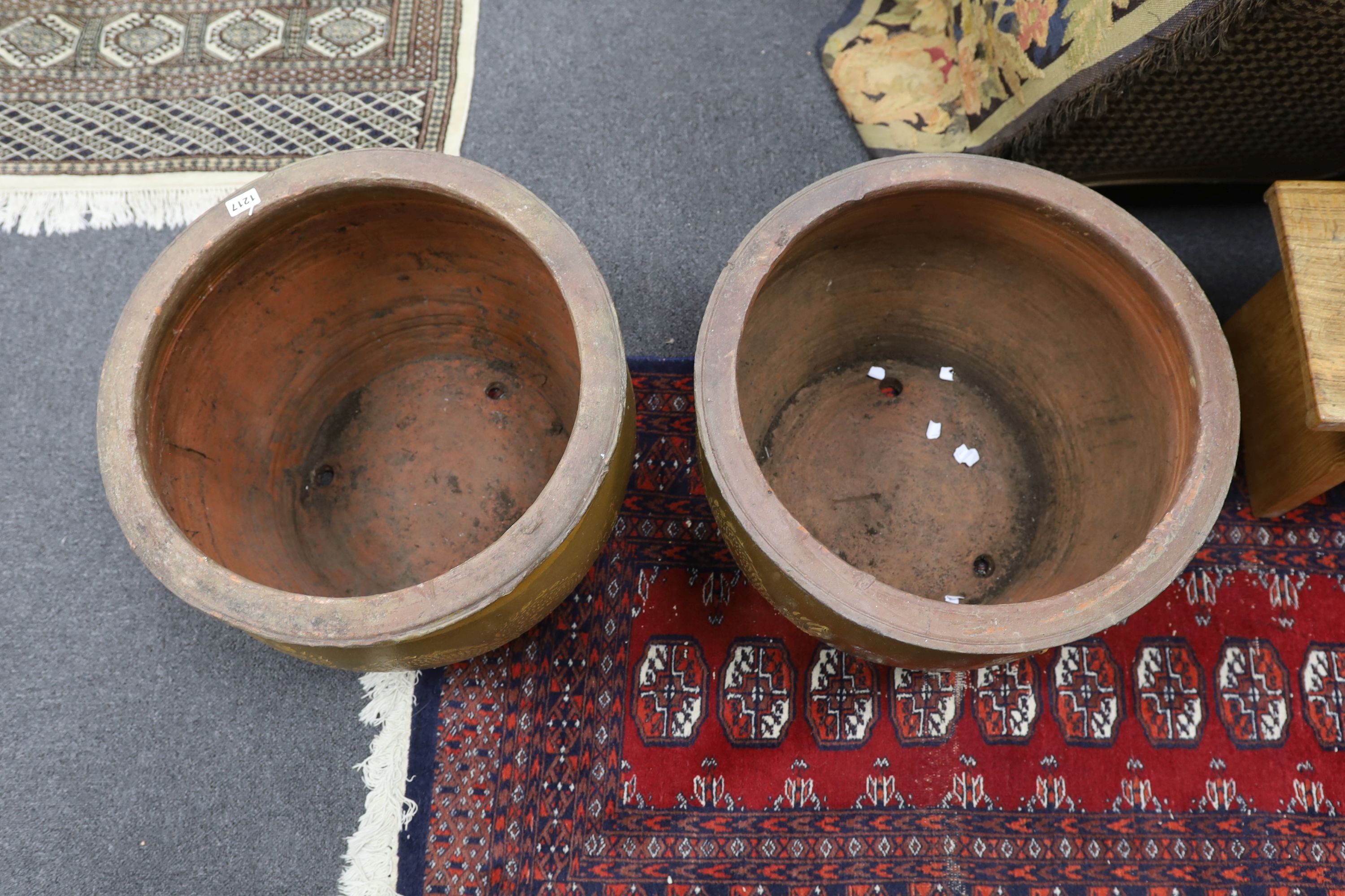 Two Chinese style circular glazed terracotta garden planters, width 49cm, height 38cm